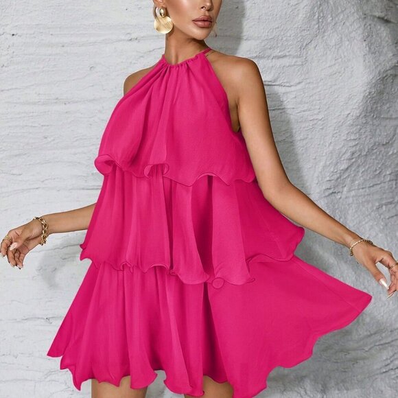 Hot Pink Casual Women's Ruffled tiered Mini Dress - Picture 5 of 6